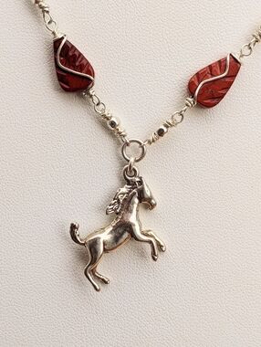 Sterling Silver Horse Pendant Necklace with Red Jasper Gemstone Accents